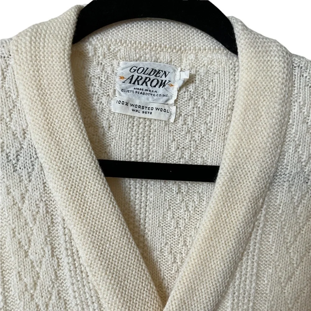 Vintage 60s Cream Golden Arrow Worsted Wool Knit Cardigan Fisherman Sweater